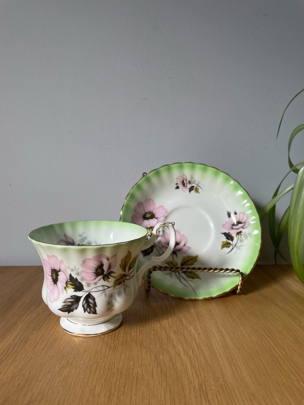 Vintage Midcentury Royal Albert Radiance Series Teacup & Saucer Set Mint & Pink